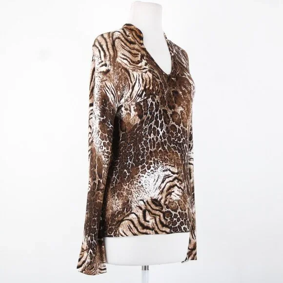 Alberto Makali Sz M Brown White Beaded V Neck Animal Print Viscose Spandex Top - Picture 15 of 16